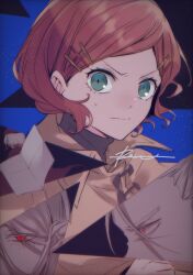 Rule 34 | 1girl, 3boys, absurdres, blue background, blue eyes, bram stoker (bungou stray dogs), brown jacket, bungou stray dogs, closed mouth, facing away, frown, fukuchi ouchi (bungou stray dogs), hat, highres, jacket, koda aya (bungou stray dogs), multiple boys, orange hair, profile, r1kuuw, red eyes, red headwear, short hair, sweatdrop, upper body, v-shaped eyebrows, white hair