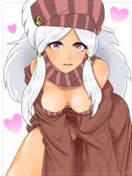 Rule 34 | 1girl, aged down, bad id, bad pixiv id, bandana, bare shoulders, bent over, breasts, detached sleeves, downblouse, enya geil, hanging breasts, heart, jojo no kimyou na bouken, lips, long hair, looking at viewer, m 8a0e, mature female, parted bangs, purple eyes, scarf, sidelocks, silver hair, solo