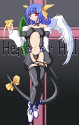 Rule 34 | 1girl, arc system works, asymmetrical wings, blue hair, boots, bow, dizzy (guilty gear), guilty gear, hair bow, long hair, midriff, navel, red eyes, ribbon, solo, tail, tail ornament, tail ribbon, thighhighs, wings