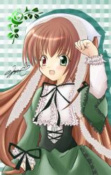 Rule 34 | 00s, 1girl, brown hair, corset, dress, drill hair, flat chest, frills, green dress, green eyes, hat, heterochromia, lolita fashion, long hair, long sleeves, red eyes, ribbon, rozen maiden, solo, straightchromia, suiseiseki, twin drills, twintails, very long hair