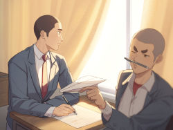 Rule 34 | 2boys, balancing on lips, blazer, brown eyes, brown hair, classroom, curtains, holding paper airplane, jacket, looking outside, male focus, multiple boys, original, paper airplane, pencil, pencil as mustache, school uniform, shaved head, tettabuzz, thick eyebrows, writing