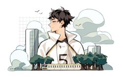 Rule 34 | 1boy, akaashi keiji, bird, black hair, blue eyes, building, claireiosity, cloud, forest, haikyuu!!, highres, jacket, jersey, looking to the side, nature, short hair, sky, skyscraper, smile, solo, sportswear, train, tree, volleyball uniform, watermark, white jacket, white jersey
