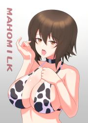 Rule 34 | 1girl, absurdres, animal print, bikini, breasts, brown eyes, brown hair, chinese zodiac, cleavage, cow print, girls und panzer, highres, iteza (flapper girl 25), large breasts, looking at viewer, milk, nishizumi maho, sexually suggestive, short hair, solo, suggestive fluid, swimsuit, tongue, tongue out, upper body, year of the ox