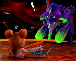 Rule 34 | !?, alternate form, animal ears, brachydios, capcom, cosmo (465lilia), crossover, eva 01, hamster, hamtaro, hamtaro (series), holding, holding weapon, looking at another, lava, neon genesis evangelion, no humans, parody, sky, standing, volcano, weapon, what