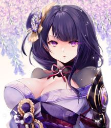 Rule 34 | 1girl, armor, blunt bangs, braid, breasts, chachong sama, cleavage, commentary request, diamond-shaped pupils, diamond (shape), flower, genshin impact, hair flower, hair ornament, highres, japanese clothes, kimono, large breasts, light particles, long hair, looking at viewer, parted lips, purple eyes, purple flower, purple hair, raiden shogun, ribbon, sash, shoulder armor, simple background, solo, symbol-shaped pupils, tassel, vision (genshin impact), white background