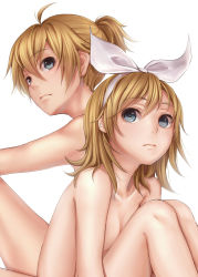 Rule 34 | 1boy, 1girl, aqua eyes, bad id, bad pixiv id, blonde hair, brother and sister, hair ribbon, highres, hugging own legs, kagamine len, kagamine rin, masami chie, nude, ponytail, ribbon, short hair, siblings, simple background, sitting, twins, vocaloid, white background