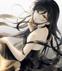 Rule 34 | 1girl, absurdres, aoyagi tsubaki, bad id, bad pixiv id, bare arms, black choker, black dress, black hair, brown eyes, choker, commentary, d4dj, dress, earrings, english commentary, giraffe three, gradient background, grey background, highres, jewelry, long hair, looking at viewer, looking back, parted lips, skirt hold, solo, strapless, strapless dress, upper body, white background