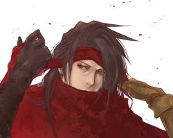 Rule 34 | 1boy, bad id, bad pixiv id, black hair, clawed gauntlets, cloak, covered mouth, final fantasy, final fantasy vii, gloves, headband, long hair, looking to the side, messy hair, pale skin, red cloak, red eyes, red headband, user genp7735, vincent valentine