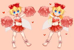 Rule 34 | 2girls, ankle garter, barefoot, blue eyes, blush, bow, cheerleader, crop top, fairy, fairy wings, fang, feet, full body, hair bow, heart, highres, kso, long hair, looking at viewer, midriff, multiple girls, navel, original, pink background, pointy ears, pom pom (cheerleading), red bow, red skirt, short hair, simple background, skirt, smile, wings