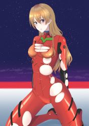 Rule 34 | 1girl, absurdres, artist request, blue eyes, blush, breasts, brown hair, cleavage, curvy, evangelion: 3.0+1.0 thrice upon a time, expressionless, gloves, hair down, highres, kneeling, long hair, looking at viewer, neon genesis evangelion, night, night sky, plugsuit, rebuild of evangelion, shiny clothes, simple background, sky, solo, souryuu asuka langley, torn clothes, very long hair, wide hips