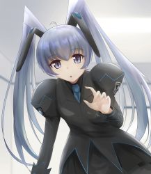 Rule 34 | 1girl, :o, black shirt, blue necktie, collared shirt, cureecoolan, flat chest, grey eyes, grey jacket, jacket, juliet sleeves, long sleeves, looking at viewer, military, military uniform, muv-luv, muv-luv alternative, necktie, open hand, open mouth, puffy sleeves, shirt, silver hair, solo, twintails, uniform, yashiro kasumi