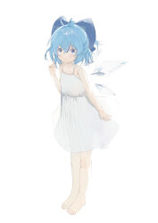 1girl absurdres ahoge alternate_costume arm_at_side bare_arms bare_legs bare_shoulders barefoot blue_bow blue_eyes blue_hair blush bow cirno crossed_bangs dress expressionless flat_chest full_body hair_between_eyes hair_bow hand_up highres ice ice_wings legs_together looking_at_viewer moca_3139 short_hair simple_background solo spaghetti_strap standing touhou upturned_eyes white_background white_dress wings