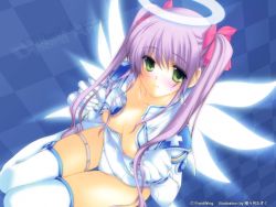 Rule 34 | 1girl, :|, angel, angel wings, artist name, blue background, blush, boots, breasts, breasts out, brooch, character name, checkered background, closed mouth, clothes pull, crop top, cross, djibril aries, dutch angle, flat chest, from above, gem, gloves, glowing, glowing wings, green eyes, hair over shoulder, hair ribbon, halo, high collar, iizuki tasuku, jewelry, jinno hikari, light purple hair, long hair, looking at viewer, magical girl, makai tenshi djibril, makai tenshi djibril 2, nipples, no bra, one-piece swimsuit, one-piece swimsuit pull, open clothes, open shirt, purple hair, red cross, ribbon, sailor collar, school swimsuit, seiza, shirt, short sleeves, shoulder pads, sidelocks, sitting, small breasts, smile, solo, strap pull, sweat, swimsuit, swimsuit costume, thigh boots, thigh gap, thigh strap, thighhighs, thighlet, twintails, undressing, very long hair, wallpaper, white gloves, white one-piece swimsuit, white school swimsuit, white thighhighs, wings