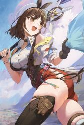 Rule 34 | 1girl, ass, atelier (series), atelier ryza, atelier ryza 3, bare shoulders, belt, breast pocket, breasts, brown belt, brown eyes, brown gloves, brown hair, brown thighhighs, brown vest, choker, clover hair ornament, cowboy shot, gloves, hair ornament, highres, holding, holding staff, large breasts, leather, leather gloves, m.q (mqkyrie), multiple bracelets, open mouth, pocket, red shorts, reisalin stout, shirt, short hair, short shorts, short sleeves, shorts, sidelocks, single glove, sitting, skin tight, skindentation, sky, smile, solo, staff, star (symbol), star choker, teeth, thigh strap, thighhighs, thighs, upper teeth only, vest, white headwear