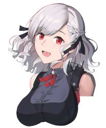 Rule 34 | black ribbon, black shirt, braid, breasts, citrus7763, collared shirt, earbuds, earphones, french braid, girls&#039; frontline, grey hair, hair ribbon, highres, large breasts, open mouth, radio, red eyes, red ribbon, ribbon, shirt, short hair, simple background, sleeveless, sleeveless shirt, smile, spas-12 (girls&#039; frontline), white background