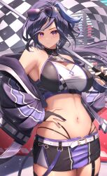 Rule 34 | 1girl, absurdres, armpits, belt, black shirt, breasts, checkered flag, cleavage cutout, clorinde (genshin impact), clothing cutout, cowboy shot, crop top, eiryu33, eyewear on head, flag, genshin impact, gloves, half gloves, hand on own hip, highres, holding, holding flag, jacket, large breasts, linea alba, long hair, looking at viewer, midriff, miniskirt, navel, partially fingerless gloves, purple eyes, purple hair, purple jacket, race queen, shirt, sidelocks, skirt, solo, stomach, sunglasses, white belt