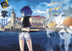 Rule 34 | 2girls, ahoge, bare shoulders, blue hair, boat, braid, bridal gauntlets, cityscape, cleavage cutout, clothing cutout, detached sleeves, highres, multiple girls, original, pointy ears, short shorts, shorts, soyah, vest, water, watercraft