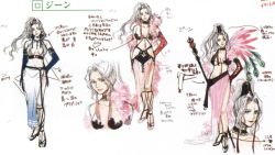 Rule 34 | 1girl, alternate costume, belt, breasts, character sheet, choker, cleavage, close-up, concept art, crop top, earrings, elbow gloves, fantasy, feather boa, feathers, feet, gensou suikoden, gensou suikoden v, gloves, green eyes, hand on own hip, high heels, high ponytail, jeane (suikoden), jewelry, konami, large breasts, legs, lipstick, long hair, makeup, midriff, mikisato, multiple views, navel, no bra, official art, pendant, ponytail, revealing clothes, sandals, shoes, silver hair, sketch, skirt, smile, staff, standing, translation request, wavy hair, wide hips