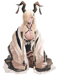 Rule 34 | 1girl, absurdres, azur lane, bare shoulders, black skirt, blonde hair, braid, breasts, brown horns, brown thighhighs, cardigan, criss-cross halter, dark-skinned female, dark skin, fishnet thighhighs, fishnets, grin, hair ornament, hair over one eye, hairclip, halterneck, highres, horns, kneeling, kuroja, large breasts, long bangs, long hair, looking at viewer, low twin braids, miniskirt, mole, mole under mouth, one eye covered, open cardigan, open clothes, owari (azur lane), pleated skirt, ribbed cardigan, simple background, skirt, smile, solo, strapless kimono, thighhighs, twin braids, white background, white cardigan, yellow eyes