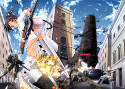 Rule 34 | 4girls, animal ears, aqua eyes, black hair, building, cloud, day, dual wielding, explosion, francesca lucchini, garrison cap, gun, hajime monji, hanna rudel, hat, holding, long hair, looking back, military, military uniform, military vehicle, motor vehicle, multiple girls, neuroi, panties, perspective, sky, strike witches, striker unit, striped clothes, striped panties, tail, tank, tower, twintails, underwear, uniform, vehicle, weapon, world witches series