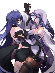 Rule 34 | 2girls, acheron (honkai: star rail), bare shoulders, black choker, black gloves, black shorts, black swan (honkai: star rail), catxmata, choker, dancing, dress, elbow gloves, gloves, hand on another&#039;s waist, highres, holding hands, honkai: star rail, honkai (series), long hair, looking at another, multiple girls, purple dress, purple hair, purple veil, short shorts, shorts, white background