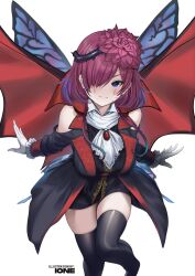Rule 34 | absurdres, alternate costume, bare shoulders, blue eyes, blush, closed mouth, collared shirt, commission, fairy, fairy wings, fire emblem, fire emblem heroes, flower, gloves, hair flower, hair ornament, hair over one eye, hair vines, highres, ioneare, looking at viewer, nintendo, purple hair, red brooch, second-party source, shirt, solo, thighhighs, triandra (fire emblem), white gloves, wings
