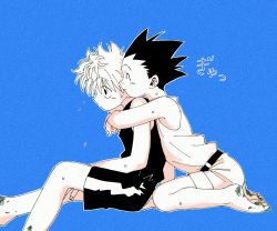 Rule 34 | 2boys, ^ ^, barefoot, blue background, closed eyes, closed mouth, dirty, gon freecss, greyscale, highres, hug, hug from behind, hunter x hunter, killua zoldyck, male focus, monochrome, multiple boys, shorts, simple background, sitting, smile, spiked hair, tank top, toripippi 7