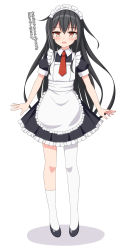 Rule 34 | 1girl, absurdres, alternate costume, apron, black dress, black footwear, black hair, blush, dress, enmaided, frilled apron, frills, full body, hair between eyes, hatsushimo (kancolle), highres, kantai collection, long hair, looking at viewer, maid, maid apron, maid headdress, puffy short sleeves, puffy sleeves, red eyes, red neckwear, saratoga (scharn), short sleeves, simple background, single thighhigh, solo, thighhighs, white apron, white background, white thighhighs, wrist cuffs