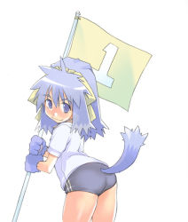 Rule 34 | 1girl, animal hands, bow, buruma, cowboy shot, double vertical stripe, gym uniform, inu-t, numbered flag, os-tan, simple background, solo, takeda sun, white background, yellow bow