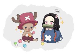 Rule 34 | 1girl, 1other, absurdres, aged down, bamboo, bit gag, black hair, brown hair, candy, chibi, commentary, crossover, food, gag, gagged, gagged (willingly), hair ribbon, hat, highres, holding, horns, japanese clothes, kamado nezuko, kimetsu no yaiba, kimono, konpeitou, long hair, one piece, open mouth, pink eyes, pink kimono, pori (kmt pori), red headwear, reindeer, ribbon, symbol-only commentary, tony tony chopper