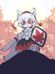 Rule 34 | 1girl, :&lt;, animal ears, black skirt, chahan (fried rice0614), detached sleeves, from below, full body, hat, highres, holding, holding shield, holding sword, holding weapon, inubashiri momiji, leaf print, looking at viewer, maple leaf print, one-hour drawing challenge, outdoors, pom pom (clothes), red eyes, red hat, red skirt, ribbon-trimmed sleeves, ribbon trim, shield, short hair, skirt, solo, standing, sword, tail, tokin hat, touhou, two-tone skirt, v-shaped eyebrows, weapon, white hair, white legwear, wide sleeves, wolf ears, wolf tail