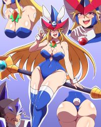 Rule 34 | 1boy, 1girl, android, armor, ass, berkana (mega man), blonde hair, blue thighhighs, blush, breasts, commentary request, covered eyes, detached collar, detached sleeves, ears through headwear, easter, gareth (mega man), hair between eyes, hat, helmet, helmet over eyes, highres, large breasts, leotard, long hair, mega man (series), mega man x (series), mega man xtreme 2, multiple views, nobuyu (77yusei), open mouth, playboy bunny, purple eyes, rabbit tail, robot ears, smile, staff, thighhighs, very long hair, wide hips, witch, witch hat