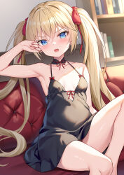 Rule 34 | 1girl, alexmaster, arm up, armpits, bare arms, bare shoulders, black choker, black dress, blonde hair, blue eyes, blush, bookshelf, bow, breasts, choker, collarbone, couch, dress, fang, hair bow, hair ribbon, halter dress, halterneck, hand on own face, highres, hirakata kana, indoors, long hair, looking at viewer, on couch, open mouth, original, red bow, red ribbon, ribbon, sidelocks, sitting, small breasts, solo, thighs, twintails, v-shaped eyebrows
