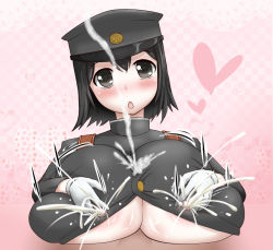 Rule 34 | 10s, 1girl, :o, akitsu maru (kancolle), blush, breasts, breasts squeezed together, brown eyes, brown hair, covered erect nipples, cum, ejaculation, gloves, hat, heart, huge breasts, kantai collection, lactation, lactation through clothes, nipples, paizuri, paizuri under clothes, penis under another&#039;s clothes, rahab, shiny skin, short hair, underboob, uniform