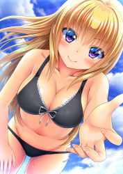 Rule 34 | 1girl, bikini, black bikini, blonde hair, blue skirt, breasts, cleavage, closed mouth, cloud, cloudy sky, collarbone, commentary request, cowboy shot, day, dutch angle, foreshortening, frilled bikini, frills, from below, front-tie bikini top, front-tie top, hand on own thigh, highres, leaning forward, long hair, looking at viewer, medium breasts, navel, noshimasa, original, purple eyes, reaching, reaching towards viewer, skirt, sky, smile, solo, standing, swimsuit, wet, window