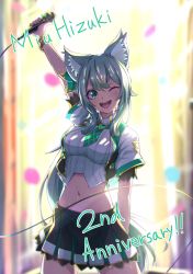 Rule 34 | 1girl, :d, absurdres, animal ear fluff, animal ears, anniversary, arm up, backlighting, black skirt, black vest, bow, bracelet, cat ears, character name, concert, green bow, green eyes, green necktie, hair bow, hair ornament, happy, highres, hizuki miu, holding, holding microphone, idol, jewelry, long hair, microphone, microphone cord, midriff, miniskirt, multicolored clothes, multicolored skirt, navel, necktie, one eye closed, open mouth, plaid necktie, pleated skirt, shirt, side ponytail, skirt, smile, solo, sorrowsolow, stage, stomach, striped clothes, striped shirt, triangle, triangle print, v-shaped eyebrows, vertical-striped clothes, vertical-striped shirt, very long hair, vest, virtual youtuber, wactor production, white hair, white shirt, wing collar