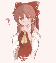 Rule 34 | 1girl, ?, ascot, bad id, bad pixiv id, brown hair, hakurei reimu, hand on own hip, hand on own chin, looking at viewer, ovo, red pupils, simple background, sketch, solo, touhou, upper body, yellow ascot