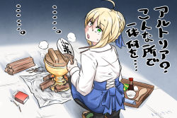 Rule 34 | ..., 1girl, ahoge, artoria pendragon (all), artoria pendragon (fate), black pantyhose, blonde hair, blue ribbon, blue skirt, bowl, braid, brown footwear, burning, chalice, commentary request, cup, fate/stay night, fate (series), fire, firewood, chalice, green eyes, hair bun, hair ribbon, hand fan, highres, holding, holding fan, looking at viewer, looking back, matchbox, matches, neon-tetora, open mouth, pantyhose, paper fan, ribbon, rice bowl, saber (fate), shamoji, sidelocks, signature, single hair bun, skirt, smoke, solo, squatting, sweat, translation request, tray, uchiwa