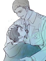 Rule 34 | 2boys, black hair, blonde hair, cloak, erwin smith, g321377377, green cloak, hand on another&#039;s head, hug, jacket, levi (shingeki no kyojin), long sleeves, looking at another, male focus, military, military jacket, military uniform, multiple boys, open mouth, parted bangs, shingeki no kyojin, short hair, sideburns, uniform, upper body, white background, yaoi