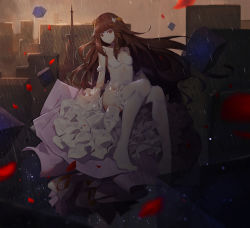 Rule 34 | 1girl, arched back, arm support, asa ni haru, babydoll, breasts, brown hair, choker, cityscape, cleavage, dress, frilled legwear, full body, hair ornament, head tilt, highres, knees together feet apart, long hair, looking at viewer, open clothes, original, petals, pleated dress, purple dress, rain, red eyes, sitting, solo, thong, white legwear