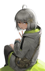 Rule 34 | 1girl, ahoge, arknights, bag, black thighhighs, brown eyes, commentary request, from behind, grey hair, grey jacket, hair between eyes, hair ornament, hand up, highres, hood, hood down, hooded jacket, jacket, looking at viewer, looking back, one side up, parted lips, polyvora, scene (arknights), shoulder bag, simple background, single thighhigh, sitting, solo, thighhighs, v, white background