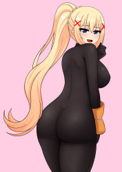 Rule 34 | 1girl, absurdres, arched back, ass, black bodysuit, black gloves, blue eyes, bodysuit, braid, breasts, commentary, darkness (konosuba), english commentary, from behind, gloves, hair between eyes, hair ornament, hand up, high ponytail, highres, kono subarashii sekai ni shukufuku wo!, large breasts, long hair, looking back, open mouth, pink background, simple background, solo, the only shoe, tongue, x hair ornament