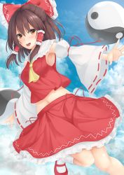 Rule 34 | 1girl, absurdres, armpits, ascot, blue sky, bow, brown hair, cloud, day, detached sleeves, flying, foot out of frame, frilled bow, frilled skirt, frills, hair bow, hair tubes, hakurei reimu, half updo, highres, kneehighs, looking at viewer, mary janes, midriff, navel, open mouth, orange eyes, orb, outdoors, outstretched arms, red footwear, red skirt, red vest, ribbon-trimmed sleeves, ribbon trim, shoes, sidelocks, skirt, skirt set, sky, socks, solo, sonia (fetusdream), spread arms, teeth, touhou, upper teeth only, vest, white socks, yellow ascot, yin yang, yin yang orb
