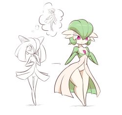 Rule 34 | 1girl, arrow (symbol), blush, breast hold, breasts, creatures (company), full body, game freak, gardevoir, gen 3 pokemon, green hair, hand to own mouth, hand up, hands up, highres, kirlia, large breasts, looking down, looking up, multiple views, nintendo, pink eyes, pokemon, pokemon (creature), pokemon rse, sad, short hair, simple background, small breasts, smile, standing, white background, wide hips, zedrin