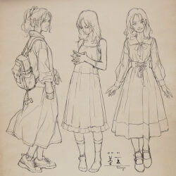 Rule 34 | 3girls, absurdres, backpack, bag, bow, bracelet, closed mouth, commentary request, dated, dress, drop earrings, earrings, full body, highres, jacket, jewelry, lineart, long hair, long sleeves, looking at viewer, looking down, mary janes, medium hair, monochrome, multiple girls, original, own hands together, ponytail, ribbon, shoes, signature, simple background, skirt, sleeveless, sleeveless dress, smile, sneakers, socks, standing, translation request, xiaobanbei milk