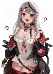Rule 34 | 1girl, :d, ?, @ @, absurdres, belt, black collar, black gloves, black hair, braid, breasts, breath, camisole, cleavage, clothes pull, collar, fingerless gloves, gloves, grey hair, hair ornament, hairclip, heart pendant, highres, hololive, hypnosis, jacket, kaguya (srx61800), long hair, medium breasts, mind control, multicolored hair, open belt, open mouth, plaid, red eyes, sakamata chloe, skirt, skirt pull, smile, solo, spaghetti strap, straight hair, strap slip, streaked hair, sweat, thighs, undressing, virtual youtuber, white camisole, x hair ornament