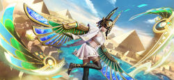 Rule 34 | 1girl, absurdres, barefoot, black hair, black skin, blue sky, breasts, choker, colored skin, commentary request, desert, egypt, egyptian, green eyes, harpy, heterochromia, highres, itsumade (onmyoji), looking at viewer, medium breasts, midriff, monster girl, multicolored skin, onmyoji, pyramid (structure), skirt, sky, solo, two-tone skin, user xuat8353, white skirt, winged arms, wings, yellow eyes