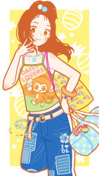 Rule 34 | 1girl, bag, belt, blue pants, bright pupils, brown eyes, chain, hand on own hip, highres, holding, holding bag, jewelry, long hair, looking at viewer, monkey, necklace, original, pants, print camisole, print pants, solo, star (symbol), white pupils, yellow background, yoshimon