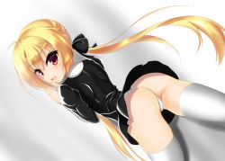 Rule 34 | 1girl, agent aika, aika (series), akane780u, arihara nanami, ass, black bow, black delmo, black jacket, black skirt, blonde hair, bow, cameltoe, commentary request, cosplay, cropped legs, crossover, delmo, delmogeny uniform, hair bow, hair ornament, hand up, jacket, juliet sleeves, long hair, long sleeves, looking at viewer, low twintails, open mouth, panties, pantyshot, puffy sleeves, red eyes, riddle joker, simple background, skirt, solo, standing, thighhighs, twintails, underwear, uniform, very long hair, wedgie, white background, white panties, white thighhighs, wind, wind lift, yuzu-soft