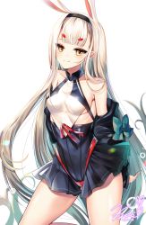 Rule 34 | 1girl, azur lane, bare shoulders, black dress, black hairband, black jacket, bow, breasts, closed mouth, collarbone, commentary, covered collarbone, dress, green bow, hairband, highres, jacket, long hair, looking at viewer, off shoulder, open clothes, open jacket, pleated dress, shimakaze (azur lane), short eyebrows, signature, simple background, small breasts, smile, solo, thick eyebrows, very long hair, white background, white hair, xes (xes 5377), yellow eyes